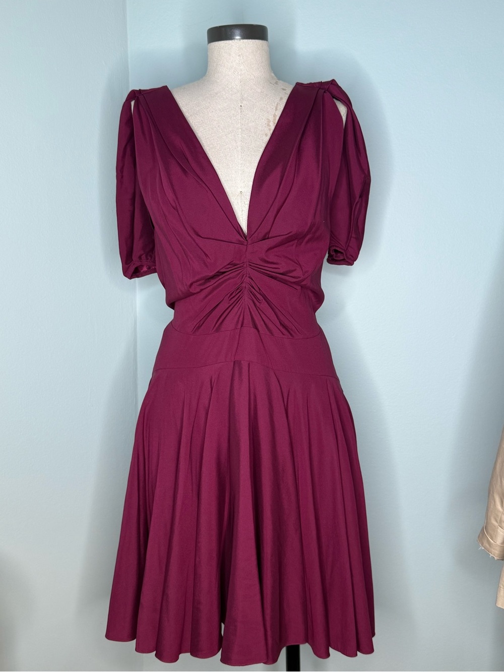 Z Spoke Zac Posen Silk Dress Size 12 Burgundy Deep V Cutout Back Puff Sleeve